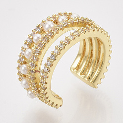 Chapado en Oro Real 18K Pendientes de latón micro pave zirconia cúbicos, con cuentas de perlas de imitación de plástico abs, sin níquel, Claro, real 18 k chapado en oro, 28x23x13.5 mm