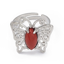 Jaspe Rouge Bague réglable papillon jaspe rouge naturel, bijoux en laiton platine pour femme, sans cadmium et sans plomb, taille us 8 1/2 (18.5 mm)