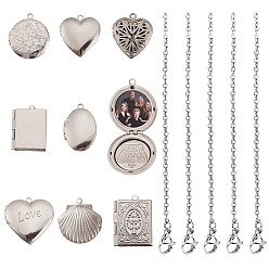 Stainless Steel Color DIY Locket Pendant Necklace Making Kit, Including Oval & Heart & Shell & Book & Flat Round 304 Stainless Steel Diffuser Locket & Photo Frame Pendants, Cable Chains Necklace, Stainless Steel Color, 18pcs/box