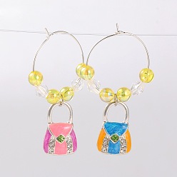 Yellow Alloy Enamel Mixed Color Handbag Wine Glass Charms, with Rhinestone, Transparent Acrylic Beads and Brass Hoop Earrings, Platinum, Yellow, 47mm, Pin: 0.7mm
