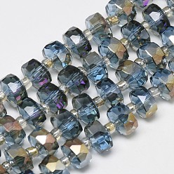 Steel Blue Electroplate Glass Beads Strands, Rainbow Plated, Faceted, Flat Round, Steel Blue, 10x6mm, Hole: 1.5mm, about 60pcs/strand, 18.9 inch