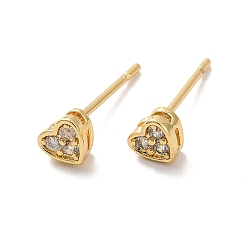 Real 18K Gold Plated Clear Cubic Zirconia Heart Stud Earrings, Long-Lasting Plated Brass Jewelry for Women, Cadmium Free & Lead Free, Real 18K Gold Plated, 4x4.5mm, Pin: 1mm