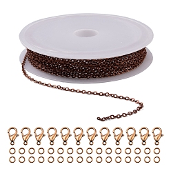 Cuivre Rouge Diy 3m kit de fabrication de bijoux en chaîne de câbles en laiton, avec 30pcs anneaux de saut ouverts en fer avec 10pcs fermoirs à griffes de homard en alliage de zinc, cuivre rouge, maillon de chaîne: 2x1.8x0.2mm