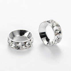 Silver Flat Round Alloy Rhinestone Bead Spacers, Silver Color Plated, 9~10x4mm, Hole: 4~5mm