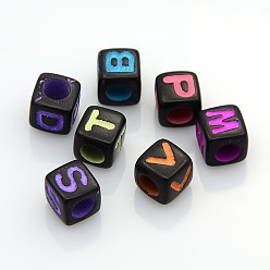 Mixed Color Solid Color Initial Acrylic Beads, Cube, Mixed Color, 7x7x7mm, Hole: 4mm, about 2000pcs/500g