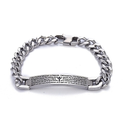Stainless Steel Color Religion 304 Stainless Steel Cuban Link Chain Bracelets, with Lobster Claw Clasps, Cross, Stainless Steel Color, 8-1/2 inch(21.5cm)