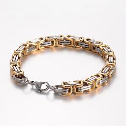 Golden & Stainless Steel Color 201 Stainless Steel Byzantine Chain Bracelets, with Lobster Clasps, Golden & Stainless Steel Color, 9 inch(230mm), 7mm