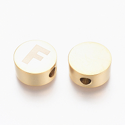 Letter F 304 Stainless Steel Beads, Flat Round with Letter, Letter.F, 10x4.5mm, Hole: 2mm