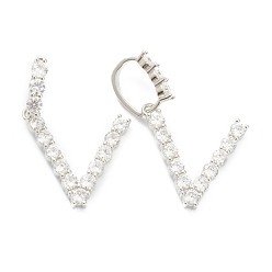 Letter V Brass Micro Pave Clear Cubic Zirconia Pendants, Letter, Letter.V, 19~22.5x10.5~20x2.5mm, Hole: 9.5x6mm