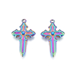 Rainbow Color Ion Plating(IP) 304 Stainless Steel Pendant, Cross, Rainbow Color, 33.5x20x3.5mm, Hole: 1.5mm