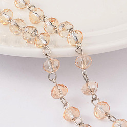 Marron Clair Chaîne en perles de verre électrolytique faites main rondelle, non soudée, avec les accessoires en laiton plaqués de platine, bisque, 39.3 pouce, à propos 79pcs / m