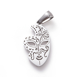 Stainless Steel Color 304 Stainless Steel Pendants, Mask, Stainless Steel Color, 23x13x2mm, Hole: 3.5x6mm