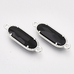 Black Glass Links, with Silver Color Plated Eco-Friendly Alloy Findings, Faceted, Oval, Black, 21x7x3mm, Hole: 1.2mm