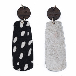 Old Lace Eco-Friendly Cowhide Leather Big Pendants, with Dyed Wood and 304 Stainless Steel Jump Rings, Rectangle with Print, Old Lace, 75mm