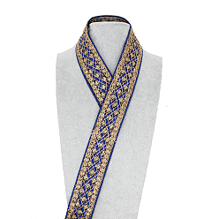Dark Blue Embroidery Polyester Ribbon, Jacquard Ribbon, with Paillettes, Garment Accessories, Rhombus Pattern, Dark Blue, 1-5/8 inch(40mm), 10 yards/roll