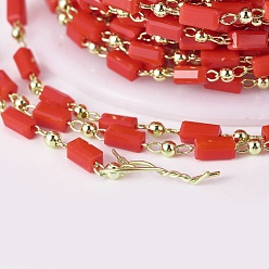 Red Handmade Glass Beaded Chains, Soldered, with Brass Findings, with Spool, Long-Lasting Plated, Real 18K Gold Plated, Cuboid, Red, 4.5x2.5~3x2.5~3mm, 2mm, about 32.8 Feet(10m)/roll