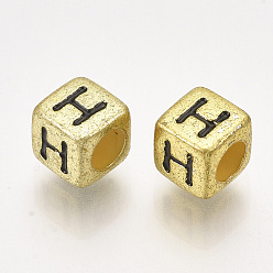 Letter H Acrylic Beads, Horizontal Hole, Metallic Plated, Cube with Letter.H, 6x6x6mm, 2600pcs/500g
