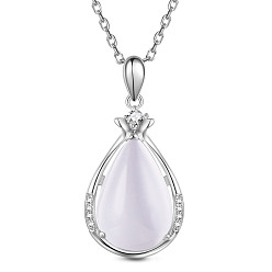 Platinum SHEGRACE 925 Sterling Silver Pendant Necklaces, with Grade AAA Cubic Zirconia and Cat Eye, teardrop, Platinum, 15.35 inch(39cm), Drop: 22.8x13.6mm