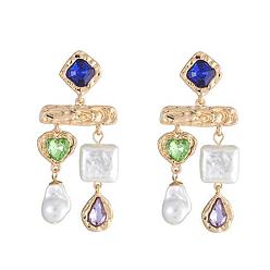 Gold Imitating Pearl & Glass Heart & Teardrop Chandelier Earrings, Golden Alloy Jewelry, Gold, 65x28mm, Pin: 0.65mm