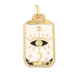 White Rack Plating Brass Pendants, with Enamel, Long-Lasting Plated, Cadmium Free & Lead Free, Real 18K Gold Plated, Rectangle with Eye Charm, White, 26.5x14x2mm, Hole: 2x1.5mm