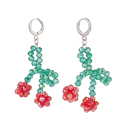 Colorful Glass Braided Cherry Long Dangle Leverback Earrings, Platinum Plated Brass Jewelry for Women, Colorful, 60mm, Pin: 0.8mm