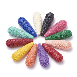 Mixed Color Synthetic Coral Beads, Dyed, Drop, Mixed Color, 33~35x11~12x10.5mm, Hole: 1.5mm