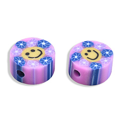 Medium Orchid Handmade Polymer Clay Beads, Flat Round with Smiling Face & Flower, Medium Orchid, 8.5~10x4.5mm, Hole: 1.5mm