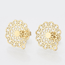 Golden 304 Stainless Steel Stud Earring Findings, with Loop, Flower, Golden, 16x14mm, Hole: 1mm, pin: 0.7mm