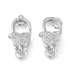 Platinum Brass Micro Pave Clear Cubic Zirconia Lobster Claw Clasps, with Jump Rings, Long-Lasting Plated, Butterfly, Platinum, 16x9.5x6mm, Hole: 3.5mm