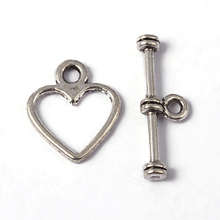Antique Silver Tibetan Style Alloy Toggle Clasps, Cadmium Free & Nickel Free & Lead Free, Heart, Antique Silver, Heart: 14x12mm, Hole: 1.5mm, Bar: 19mm, hole: 1.5mm, about 1250sets/1000g