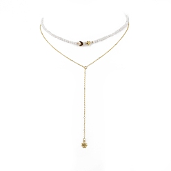 Oro Collar de doble capa con dijes de luna y estrella de latón, Collar de cadenas con cuentas de piedra lunar arcoíris natural para mujer, dorado, 14.96 pulgada (38 cm)
