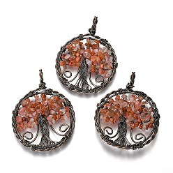 Carnelian Natural Carnelian Pendants, with Red Copper Plated Brass Findings, Flat Round with Tree of Life, 64~67.5x50~51x6~7.5mm, Hole: 8x5~6.5mm