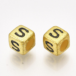 Letter S Acrylic Beads, Horizontal Hole, Metallic Plated, Cube with Letter.S, 6x6x6mm, 2600pcs/500g