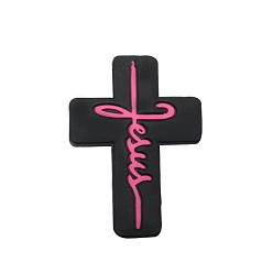 Noir Croix avec le mot Jésus, perles en silicone de qualité alimentaire, perles de dentition en silicone, noir, 30x22.2mm
