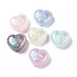 Mixed Color UV Plating Rainbow Iridescent Acrylic Beads, Heart with Rose Flower, Mixed Color, 25x27.5x9.2mm, Hole: 3.6mm