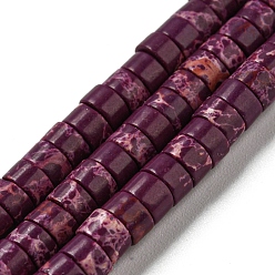 Púrpura Hebras de cuentas teñidas de jaspe imperial sintético., disco, perlas heishi, púrpura, 4~4.5x2~3 mm, agujero: 0.7 mm, sobre 140~141 unidades / cadena, 14.88''~15.12" (37.8~38.4 cm)