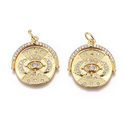 Real 18K Gold Plated Brass Micro Pave Clear Cubic Zirconia Pendants, Long-Lasting Plated, Flat Round with Eye, Real 18K Gold Plated, 21x19x2mm, Hole: 3mm