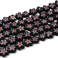 Noir Main millefiori perles de verre brins, fleur, noir, 6.4~9x3.2mm, Trou: 1mm, Environ 56 pcs/chapelet, 15.75'' (40 cm)