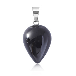 Black Agate Natural Black Agate Pendants, Teardrop Charms with Platinum Plated Metal Snap on Bails, 26x16mm