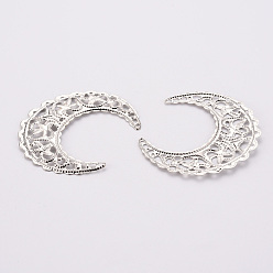 Platinum Iron Filigree Joiners Links, Etched Metal Embellishments, Hollow Out, Crescent Moon, Platinum, 43x37.5x0.5mm, Hole: 1.2mm