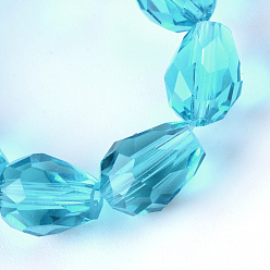 Deep Sky Blue Transparent Glass Bead Strands, Faceted Teardrop, Deep Sky Blue, 8x6mm, Hole: 1mm, about 65pcs/strand, 17.99 inch(45.7cm)