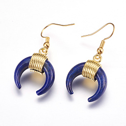 Lapis Lazuli Natural Lapis Lazuli Dangle Earrings, with Brass Findings, Double Horn Shaped/Crescent Moon, Golden, Dyed, 41mm, Pin: 0.5mm, Pendant: 23x20x9mm