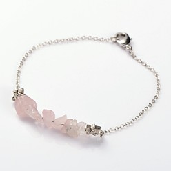 Quartz Rose Bracelets de perles de pierre naturelle à la mode, avec des perles de style tibétain étoiles, chaînes en laiton et cuivre homard fermoirs griffe, quartz rose, 185mm