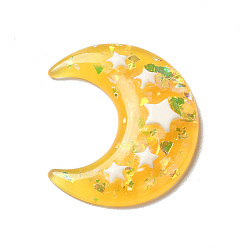 Gold Translucent Resin Cabochons, Moon with Star Paillette, Gold, 36x32.5x6mm
