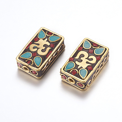Raw(Unplated) Handmade Indonesia Beads, with Brass Findings, Nickel Free, Rectangle with Om Symbol, Raw(Unplated), 24x14.5~15x8mm, Hole: 2mm