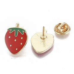Red Alloy Brooches, Enamel Pin, Iron Pins and Brass Butterfly Clutches, Strawberry, Light Gold, Red, 21x15.5x11~12mm, Pin: 1mm