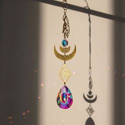 Palm Glass Teardrop Big Pendant Decorations, Hanging Suncatchers, with Brass Moon/Evil Eye Link for Window Decoration, Palm, 350mm