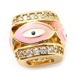 Pink Rack Plating Brass Micro Pave Cubic Zirconia European Beads, with Enamel, Large Hole Beads, Lead Free & Cadmium Free, Barrel with Evil Eye, Real 18K Gold Plated, Pink, 10x12x12mm, Hole: 5.5mm