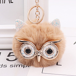 Sandy Brown Pom Pom Ball Keychain, with KC Gold Tone Plated Alloy Lobster Claw Clasps, Iron Key Ring and Chain, Owl, Sandy Brown, 12cm