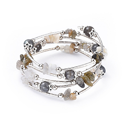 Labradorite Five Loops Natural Labradorite & Moonstone Wrap Bracelets, with Brass Tube Beads, Iron Spacer Beads and Tibetan Style Alloy Bead Caps, 2-1/4 inch(5.6cm)